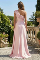 Glamorous Pink One Shoulder Satin Evening Dresses Mermaid Column With Flower Zipper
