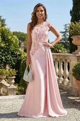 Glamorous Pink One Shoulder Satin Evening Dresses Mermaid Column With Flower Zipper