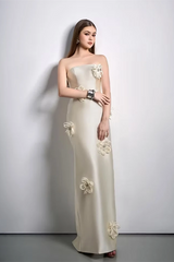 Glamorous Strapless Sleeveless Satin Evening Dresses Sheath With Zipper Flower