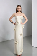 Glamorous Strapless Sleeveless Satin Evening Dresses Sheath With Zipper Flower