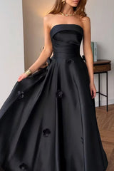 Elegant Black Strapless Sleeveless Satin Evening Dresses A-Line Ankle Length With Pleats