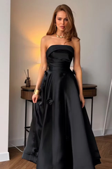 Elegant Black Strapless Sleeveless Satin Evening Dresses A-Line Ankle Length With Pleats