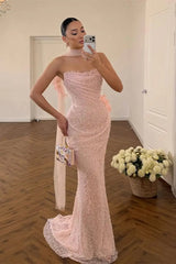 Timeless Pink Strapless Sleeveless Mermaid Evening Dresses Sheath With Beads Pleats
