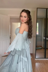 Dazzling Dusty Blue Sweetheart Strapless Chiffon Evening Dresses A-Line With Lace-Up Back