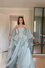 Dazzling Dusty Blue Sweetheart Strapless Chiffon Evening Dresses A-Line With Lace-Up Back