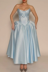 Glamorous Sky Blue Strapless Sleeveless Satin Evening Dresses Ankle Length Pocket With Lace-Up Back