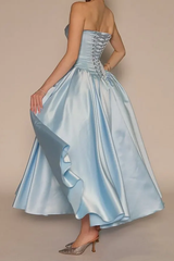 Glamorous Sky Blue Strapless Sleeveless Satin Evening Dresses Ankle Length Pocket With Lace-Up Back