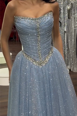 Dazzling Blue Strapless Sleeveless Evening Dresses A-Line Gem With Pleats