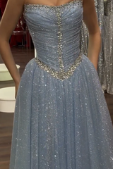 Dazzling Blue Strapless Sleeveless Evening Dresses A-Line Gem With Pleats