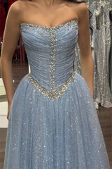 Dazzling Blue Strapless Sleeveless Evening Dresses A-Line Gem With Pleats