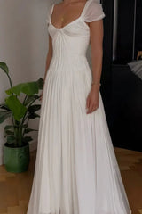 Elegant White Short Sleeves Chiffon Evening Dresses Backless With Lace-Up Back