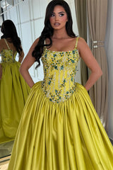 Dazzling Spaghetti-Straps Sleeveless Satin Evening Dresses A-Line Gem With Lace-Up Back