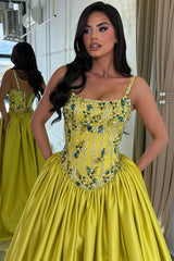 Dazzling Spaghetti-Straps Sleeveless Satin Evening Dresses A-Line Gem With Lace-Up Back