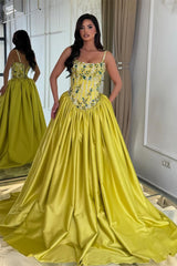 Dazzling Spaghetti-Straps Sleeveless Satin Evening Dresses A-Line Gem With Lace-Up Back