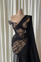 Romantic Black One Shoulder Lace Mermaid Evening Dresses Floor Length With Beads