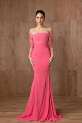 Dazzling Off The Shoulder Long Sleeves Mermaid Satin Floor Length Evening Dresses