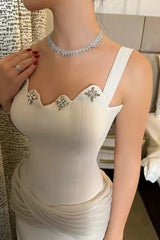 Glamorous Straps Sleeveless Mermaid Satin Evening Dresses Gem Floor Length With Pleats