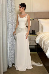 Glamorous Straps Sleeveless Mermaid Satin Evening Dresses Gem Floor Length With Pleats