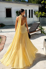 Dazzling Yellow V-Neck Halter Sleeveless Evening Dresses Backless With High Split