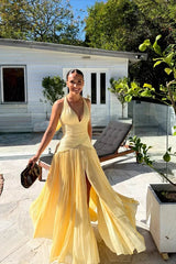 Dazzling Yellow V-Neck Halter Sleeveless Evening Dresses Backless With High Split