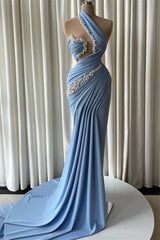 Dazzling Dusty Blue Asymmetrical Sleeveless Mermaid Satin Evening Dresses Pearls With Pleats