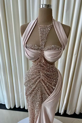 Dazzling Halter Sleeveless Sweetheart Satin Mermaid Evening Dresses Floor Length With Beads