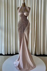 Dazzling Halter Sleeveless Sweetheart Satin Mermaid Evening Dresses Floor Length With Beads