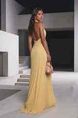 Elegant Daffodil Halter V-Neck Sleeveless Chiffon Evening Dresses Backless High Split With Pleats