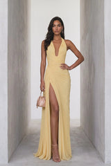 Elegant Daffodil Halter V-Neck Sleeveless Chiffon Evening Dresses Backless High Split With Pleats
