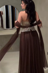 Dazzling Brown Sweetheart Strapless Sleeveless Chiffon Evening Dresses Gem With Lace-Up Back