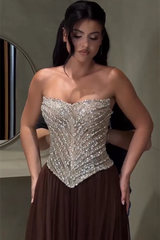 Dazzling Brown Sweetheart Strapless Sleeveless Chiffon Evening Dresses Gem With Lace-Up Back