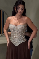 Dazzling Brown Sweetheart Strapless Sleeveless Chiffon Evening Dresses Gem With Lace-Up Back