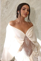 Glamorous Off The Shoulder Long Sleeves Satin Lace Evening Dresses Floor Length With Pleats