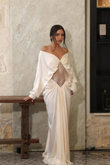 Glamorous Off The Shoulder Long Sleeves Satin Lace Evening Dresses Floor Length With Pleats