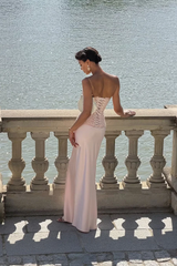 Timeless Pink Strapless Sleeveless Satin Mermaid Evening Dresses Floor Length With Lace-Up Back