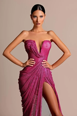 Dazzling Fuchsia Strapless Sleeveless Mermaid Evening Dresses High Split With Lace-Up Back