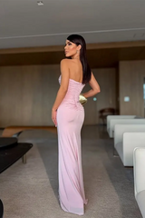 Elegant Pink Sweetheart Strapless Sleeveless Satin Mermaid Evening Dresses Column With Zipper