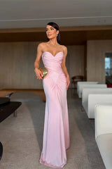 Elegant Pink Sweetheart Strapless Sleeveless Satin Mermaid Evening Dresses Column With Zipper