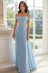 Timeless Sky Blue Off The Shoulder Chiffon Evening Dresses Mermaid Sheath With Pleats