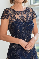 Romantic Dark Blue Short Sleeves A-Line Evening Dresses Floor Length With Beads Pleats