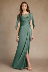 Luxury Dusty Sage Short Sleeves Satin Evening Dresses High Split With Zipper Pleats