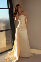 Dazzling Champagne Off The Shoulder Satin Mermaid Evening Dresses Sheath Gem With Pleats