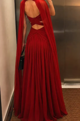 Romantic Burgundy Halter Sleeveless Chiffon Evening Dresses Floor Length With Pleats