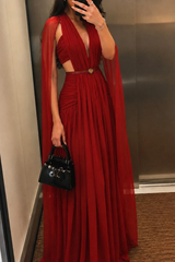 Romantic Burgundy Halter Sleeveless Chiffon Evening Dresses Floor Length With Pleats
