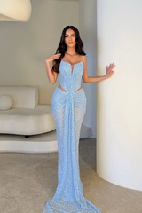 Dazzling Sky Blue Strapless Sleeveless Mermaid Evening Dresses Column With Pleats