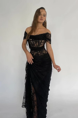Glamorous Black Off The Shoulder Lace Mermaid Evening Dresses Sheath With Pleats