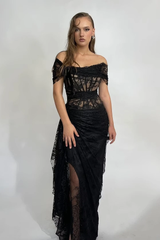 Glamorous Black Off The Shoulder Lace Mermaid Evening Dresses Sheath With Pleats