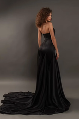 Timeless Black Spaghetti-Straps Sleeveless Mermaid Satin Evening Dresses Beads With Zipper