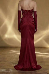 Romantic Dark Red Strapless Mermaid Satin Evening Dresses Floor Length Beads With Zipper Gloves