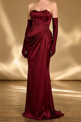 Romantic Dark Red Strapless Mermaid Satin Evening Dresses Floor Length Beads With Zipper Gloves